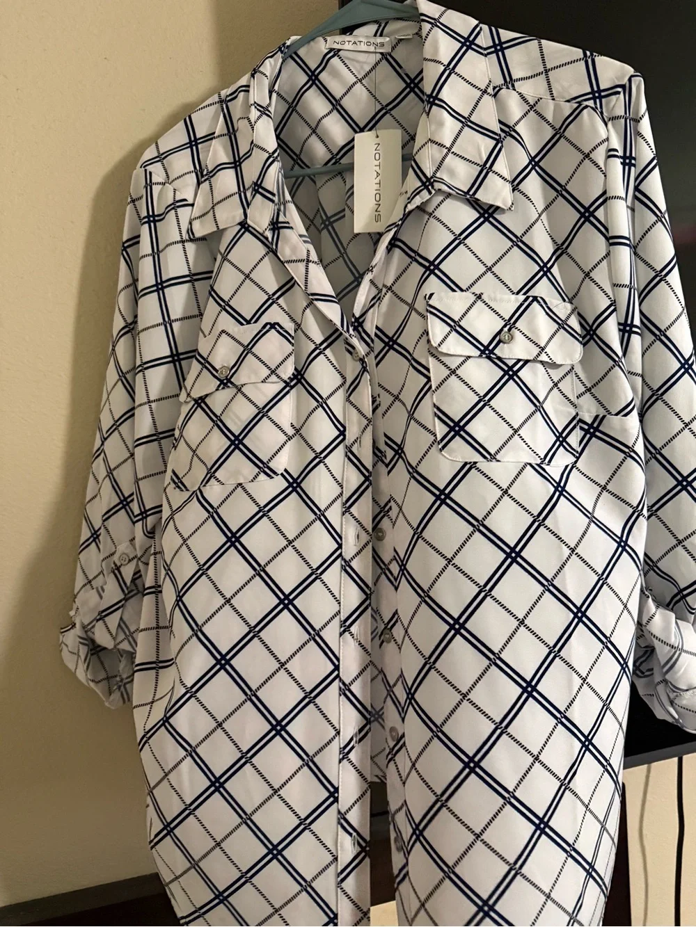Notations White and Navy Plaid Casual Button-Down Shirt